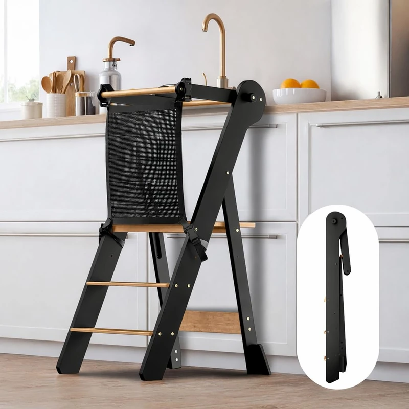 COSYLAND Foldable Kitchen Step Stool for Kids – Space-Saving Standing Stool with Protective Net – Height-Adjustable with Stabilizing Block (Black & Natural)