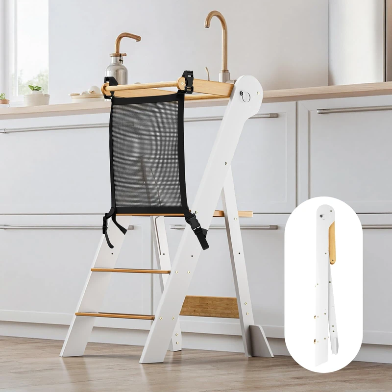 COSYLAND Foldable Kids Standing Stool with Safety Net – Height-Adjustable Folding Step Stool for Cooking & Learning – Ages 18 Months–6 Years (Natural & White)