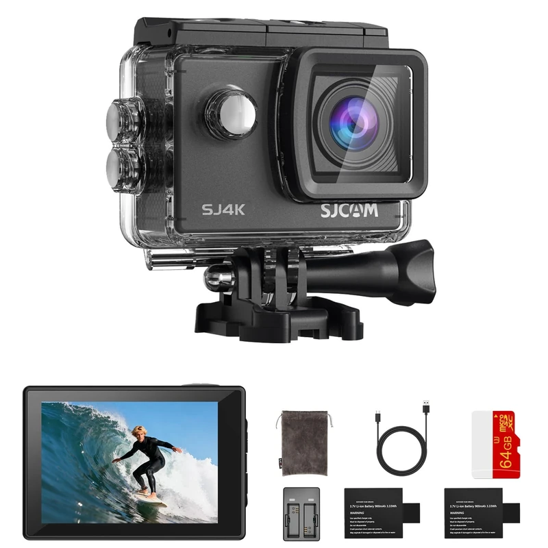 SJCAM SJ4000 4K Action Camera with 64GB Card,40MP EIS Stabilization,3-Axis Motorcycle Helmet Sport Camera, 170° FOV | 30M Waterproof Underwater Camera, 5X Zoom,Dual Batteries