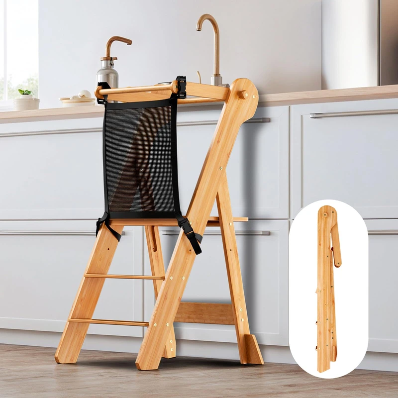 COSYLAND Foldable Kids Step Stool with Safety Mesh – Height-Adjustable Standing Stool for Counter & Sink – Space-Saving Wooden Design (Natural)