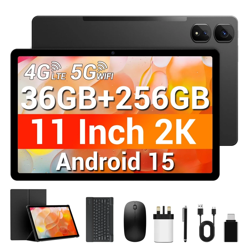 WITECOR Tablet 11 Inch Android 15, 2K FHD Display, 36GB RAM 256GB ROM/1TB Expand, 4G LTE Dual SIM, Octa-Core 2.0GHz, 5G WiFi, 9580mAh,13MP, GPS, GSM, OTG, 2 in 1 Tablets with Keyboard/Mouse/Case/Pen