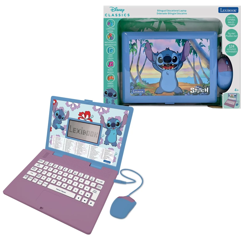 Lexibook, Disney Stitch, Bilingual English/Spanish Educational Laptop, 124 Language Activities, Writing, Maths, Logic, Music and Games, Boys and Girls, JC598Di2LXB