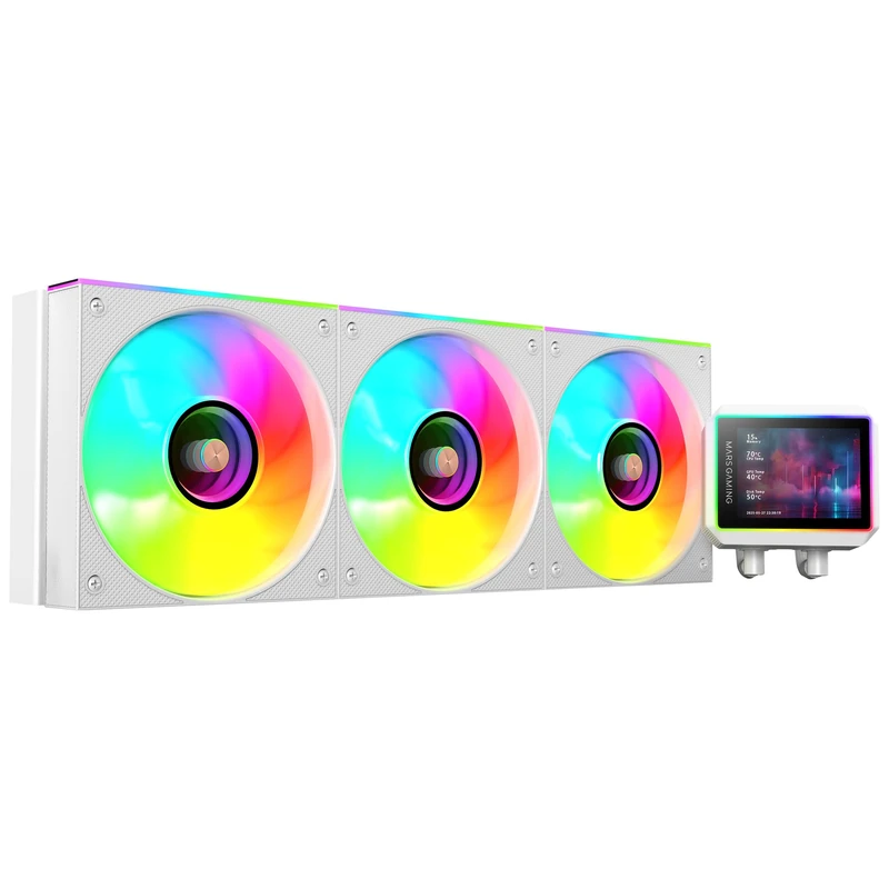 Mars Gaming ML-VISIONII360 AIO Liquid Cooling 600W TDP, 2.8" IPS 360º Display, 4th Gen Opti-Chamber Pump with Copper Base and Microchannels, 3x 120mm ARGB Infinity Mirror Fans, White