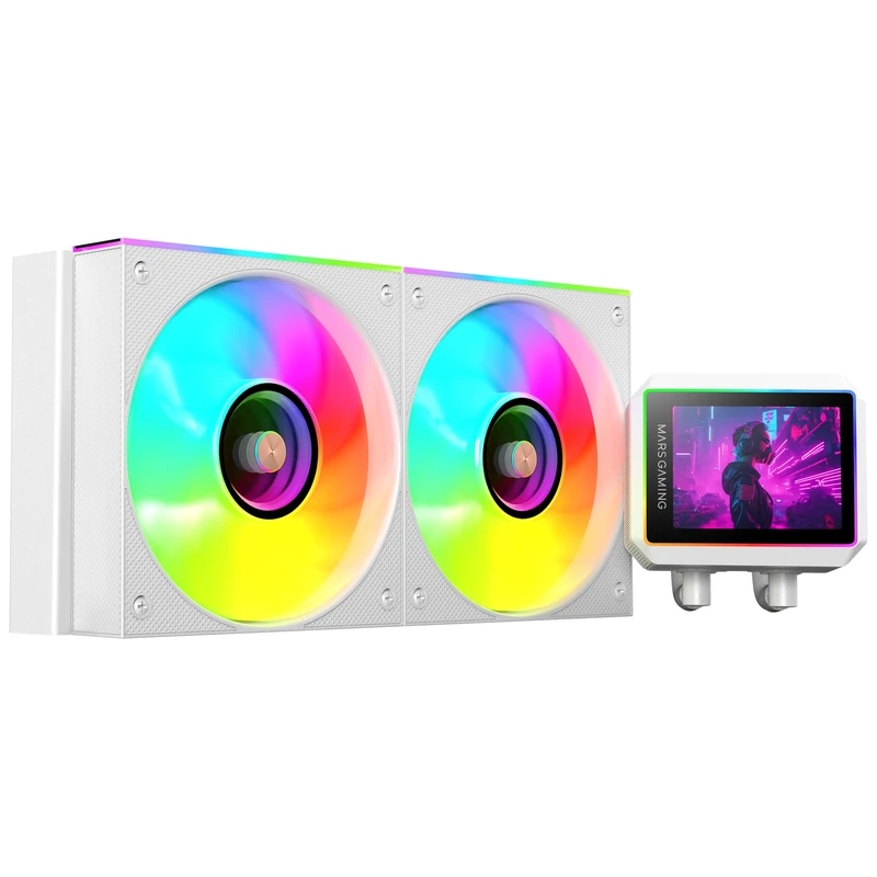 Mars Gaming ML-VISIONII240 AIO Liquid Cooling 500W TDP, 2.8" 360º IPS Display, 4th Gen Opti-Chamber Pump with Copper Base and Microchannels, 2x 120mm ARGB Infinity Mirror Fans, White