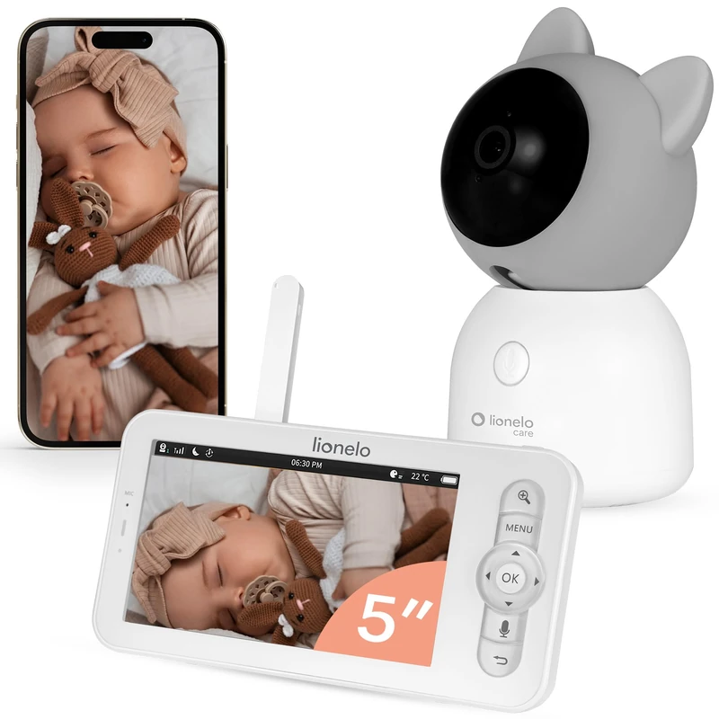 lionelo Babyline 9.2 AI Baby Monitor with Camera, 2K Video and 5 Inch HD Screen, Dual-Band Wi-Fi and App View, VOX Mode, Night Vision, Safety Alerts, Two-Way Talk, MicroSD Recording up to 256 GB