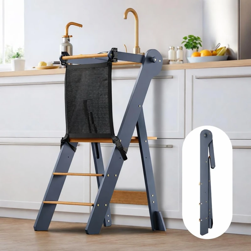 COSYLAND Foldable Kitchen Step Stool for Kids – Space-Saving Standing Stool with Protective Net – Height-Adjustable with Stabilizing Block (Grey & Natural)