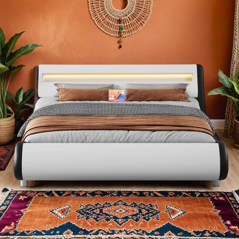 YITAHOME King Size Bed Frame,Upholstered Led with Lights & Storage Charging Station,Platform Bed Frame with Pu Leather/No Box Spring Needed,White