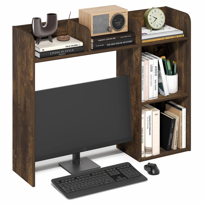 Furinno CLASSIC Desk Shelf, 5 Shelves Desk Hutch Storage with Monitor Space, Deskop Bookshelf Organizer, for Home Office, Living Room, Amber Pine