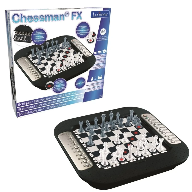 Lexibook, Chessman FX Electronic Chess Game with Touch Keyboard and Light and Sound Effects 32 Pieces 64 Levels of Difficulty, Family Board Game, Black/Silver, CG1335LXB