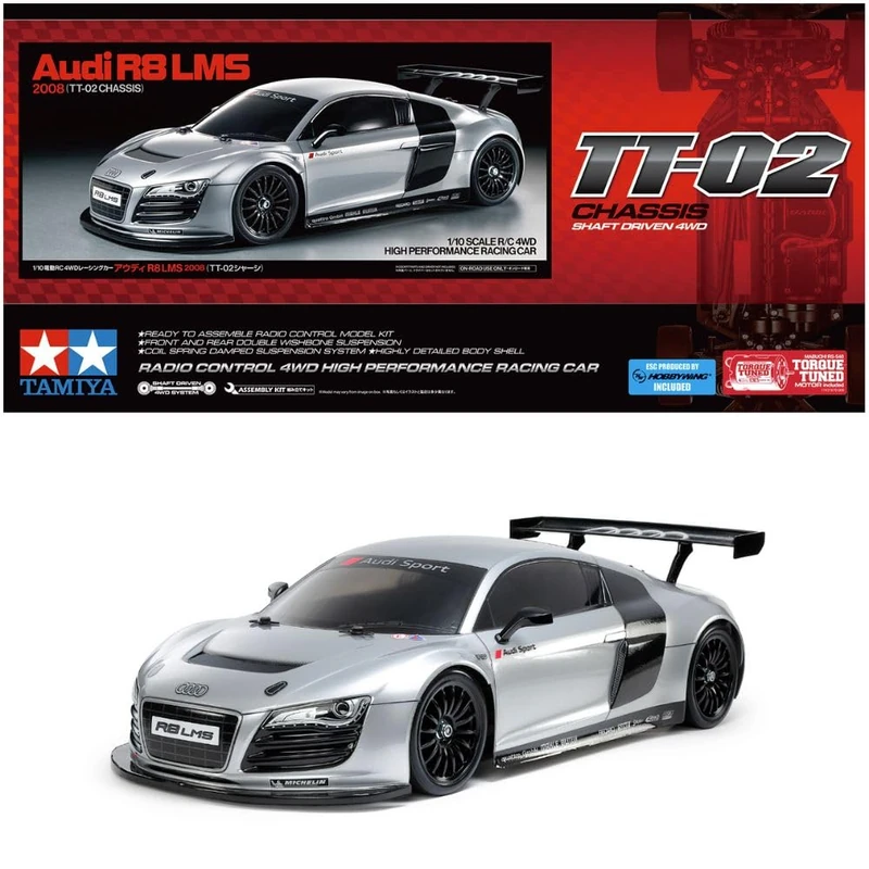 Tamiya 47517 1:10 RC Audi R8 LMS 2008 TT-02 Painted Remote Control Car, Vehicle, Model Building, Assembly, Hobby, RC Kit, Unpainted