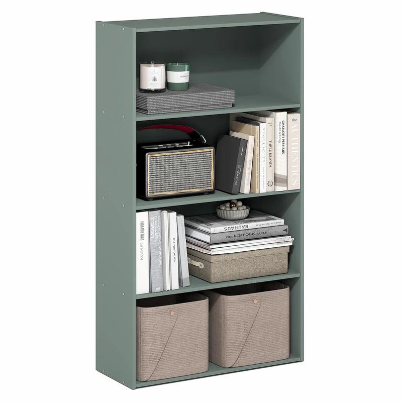 Furinno PASIR Book Shelf, 4-Tier Bookshelf, Bookcase with Open Shelf, 9.4 x 23.6 x 41.7, for Living Room, Bedroom, Home Office, Sage Green
