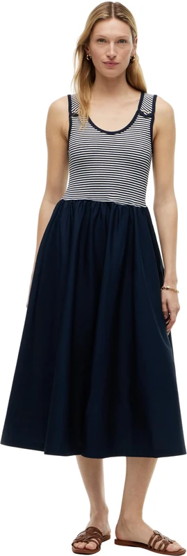 Tommy Hilfiger Women's 5X2 Rib Mix Media Dress WW0WW49939 Flare Dress, Blue (Dark Night Navy/Ecru STP), L