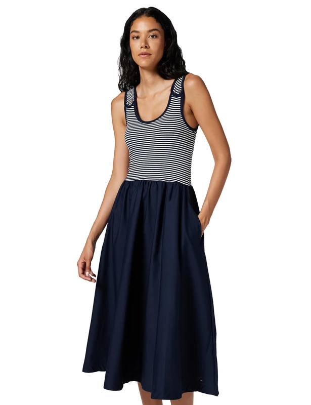 Tommy Hilfiger Women's 5X2 Rib Mix Media Dress WW0WW49939 Flare Dress, Blue (Dark Night Navy/Ecru STP), M