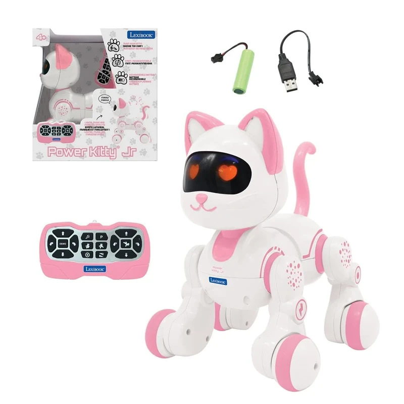 LEXIBOOK, Power Kitty Jr., Remote control cat to train, Waddles like a real cat, Interactive eyes, STEM programmable, Rechargeable battery, Pink/white, KIT01LXB