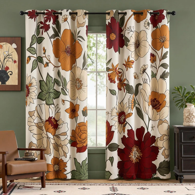Lazzzy Floral Curtains for Bedroom Living Room Faux Linen Vintage Blackout Curtains 84 Inches Long Room Darkening Drapes Grommet Flower Patterned Window Treatments Set of 2 Panels, 52" x 84", Beige