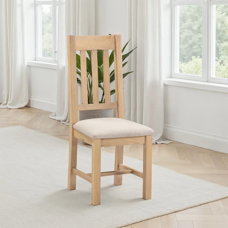 Seconique Windsor Slatted Dining Chair Pair Box of 2 in Natural Oak/Oat Fabric