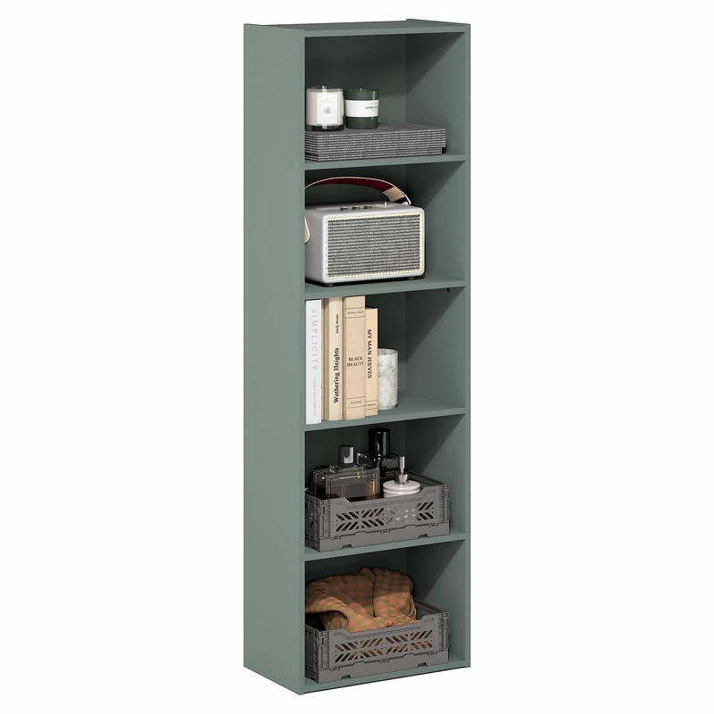Furinno LUDER Book Shelf, 5-Cube Bookshelf, Bookcase with Open Shelf, 9.4 x 15.8 x 52, for Living Room, Bedroom, Home Office, Sage Green