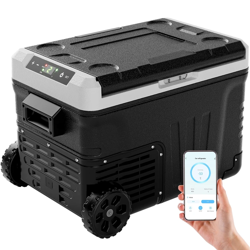 EUHOMY 12V Car Fridge, 35L Portable Camping Fridge Freezer, 12V/24V DC & 220-240V AC Compressor Fridge, APP Control, -20℃~20℃, Cooler with Wheels & 2 Baskets for Travel/Camping/RV