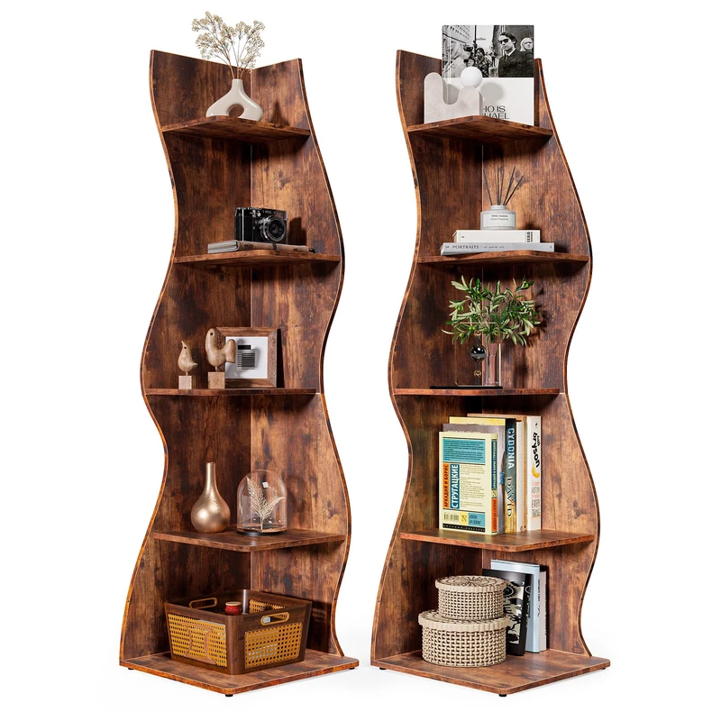 LITTLE TREE Corner Shelf, 5-Tier Corner Bookcase, Corner Unit Rustic 2PCS