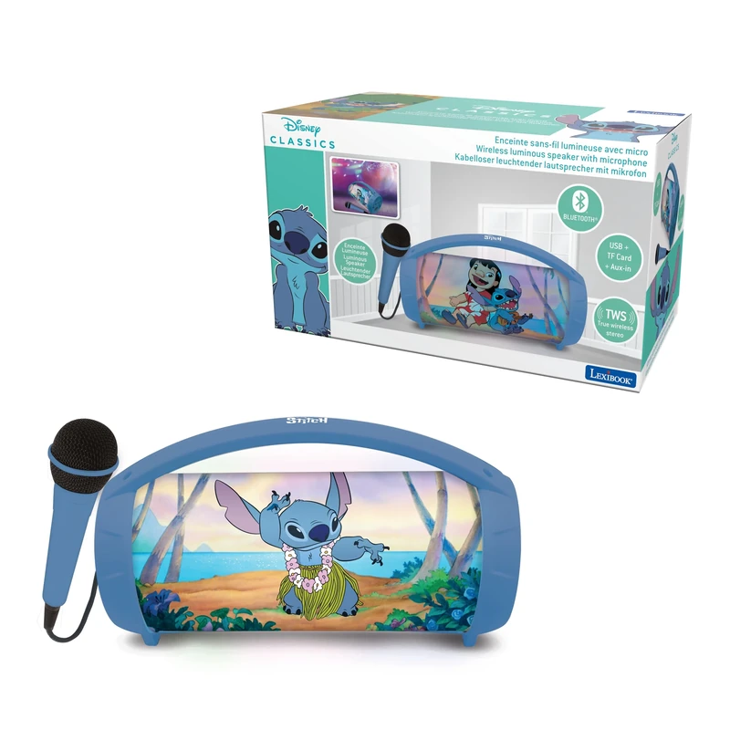 Lexibook, Disney Stitch, Wireless light speaker with microphone, Stereo sound, Karaoke function, USB and SD card ports, Rechargeable battery, Handle to carry everywhere, Blue, BTP585DZLXB