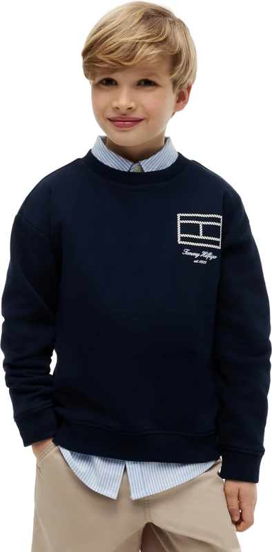 Tommy Hilfiger Boy's Outline Flag Graphic Sweatshirt KB0KB10594 Pullover Sweatshirt, BLUE (Dark Night Navy), 14 Years