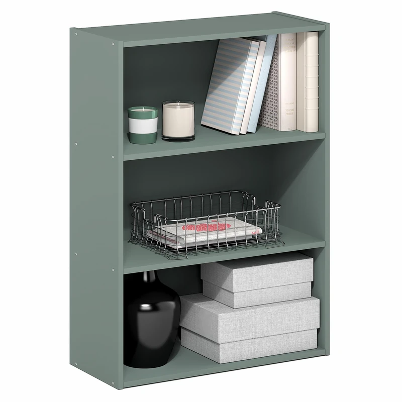 Furinno PASIR Book Shelf, 3-Tier Bookshelf, Storage Shelves Bookcase, 9.7 x 23.7 x 31.5, for Living Room, Bedroom, Home Office, Sage Green