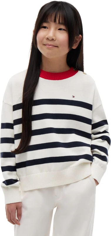 Tommy Hilfiger Girl's Nautical Sweater KG0KG09502 Other Sweaters, White (Ivory Silk Stripes), 12 Years