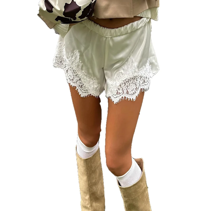 Caziffer Women Satin Silk Lace Trim Shorts Silky Low Rise Boxer Shorts Y2k Teen Girls Cute Coquette Lounge Slip Bottoms (A Champagne, M)