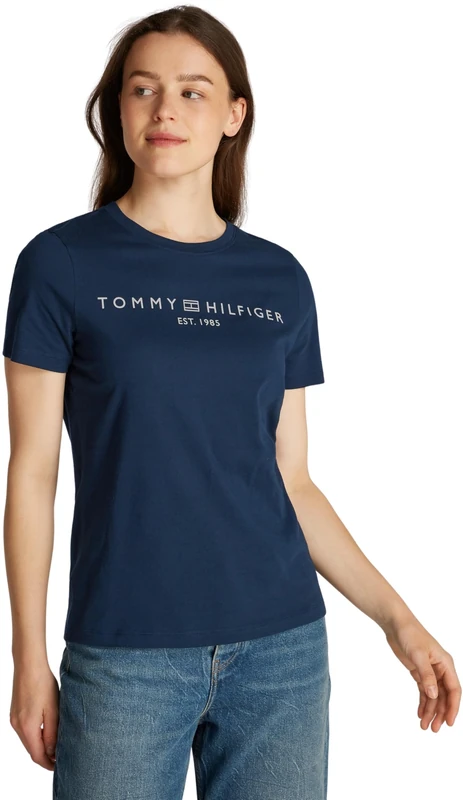 Tommy Hilfiger Women's Reg Corp Logo C-Nk Ss Ww0Ww40276 Other Tops, Blue (Dark Night Navy), 2X