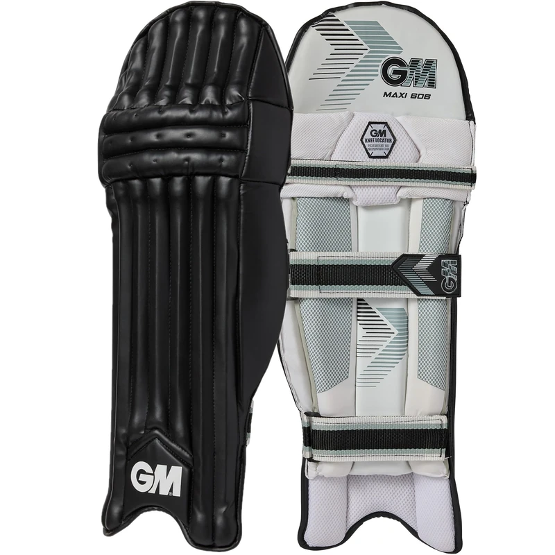 GM | 606 Maxi Black Cricket Batting Pads | Traditional Cotton & Cane | Adult Left Handed - 18" From Top of Instep to Middle of Knee | Approx 2.00 kg per Pair | 1 Pair | Black | Gunn & Moore