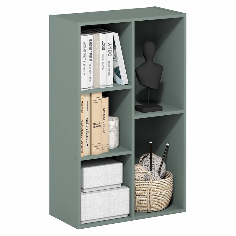 Furinno LUDER Book Shelf, 5-Cube Bookshelf, Reversible Bookcase, 9.4 x 19.5 x 31.5, for Living Room, Bedroom, Home Office, Sage Green