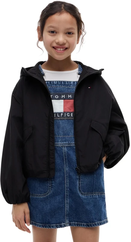 Tommy Hilfiger Girl's Hooded Shiny Flag Jacket KG0KG09416 Other Jackets, BLACK (Black), 12 Month