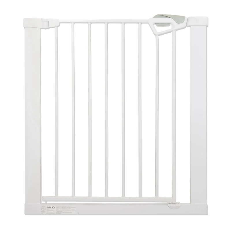 roba easySafe+ Door & Stair Gate, 75–82 cm, Expandable to 110 cm, TÜV-Certified, Traffic-Light Lock, 90° Stop, No-Drill Mounting, for Kids 0–24 Months, Metal, White