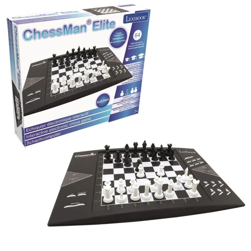 Lexibook, Chessman Elite, Interactive Electronic Chess Game, 64 Levels of Difficulty, LEDs, Battery Powered or 9V Adapter, Black/White, CG1300LXB