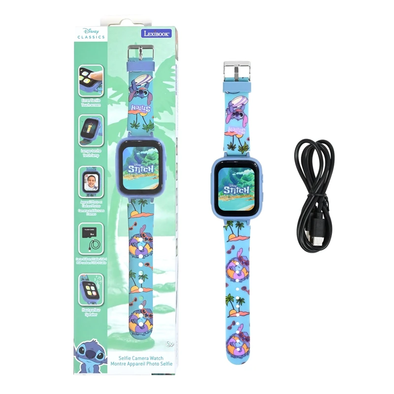 LEXIBOOK, Disney Stitch, Selfie Camera Watch, HD Touch Screen, 720p Camera, MP3 Player, Built-in Speaker, Dictaphone, Pedometer, 5 Games, Blue, DMW070DLXB