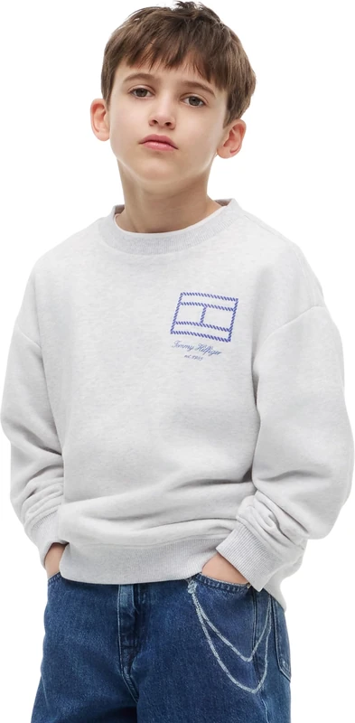 Tommy Hilfiger Boy's Outline Flag Graphic Sweatshirt KB0KB10594 Pullover Sweatshirt, GREY (Light Grey Heather), 5 Years