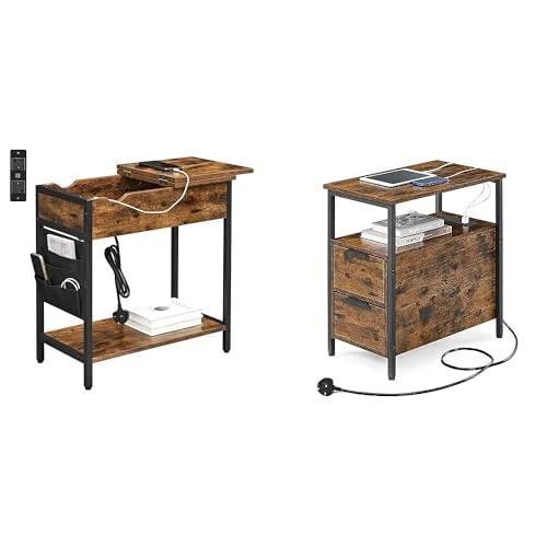 VASAGLE Side Table with Charging Station, Narrow Bedside Table, End Table, Fabric Bags LET309B01 Side Table with Charging Station, Narrow End Table, Bedside Table with Storage LET326B01