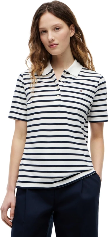 Tommy Hilfiger Women's 1985 Reg Pique Polo Ss Ww0Ww43224 S/S Polo, Blue (Breton STP Ecru/Dark Night Navy), 3X - Image 1