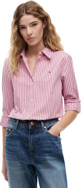 Tommy Hilfiger Women's Summer Poplin Regular Shirt WW0WW51155 L/S Shirt, Pink (Pink Multi Stripe), 40