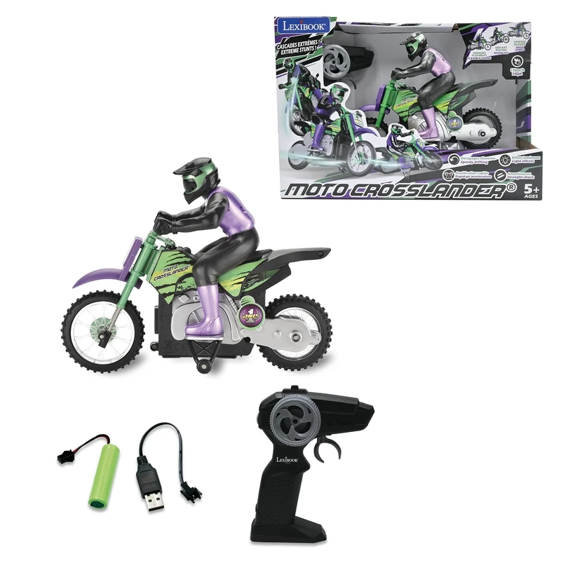 LEXIBOOK, Crosslander®, Radio-controlled off-road motorcycle, up to 12km/h, perfect balance, light effects, crazy skids, fast acceleration, ergonomic remote control, rechargeable, RC18LXB