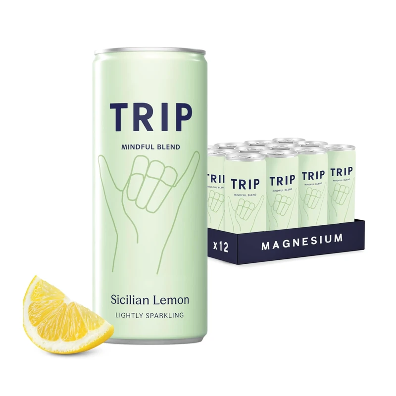 TRIP Sicilian Lemon Sparkling Drink with 120MG calming Magnesium + Lion’s Mane + Chamomile + Lemon Balm. Low Calorie, No Added Sugar and Vegan (Pack of 12 x 250ml)