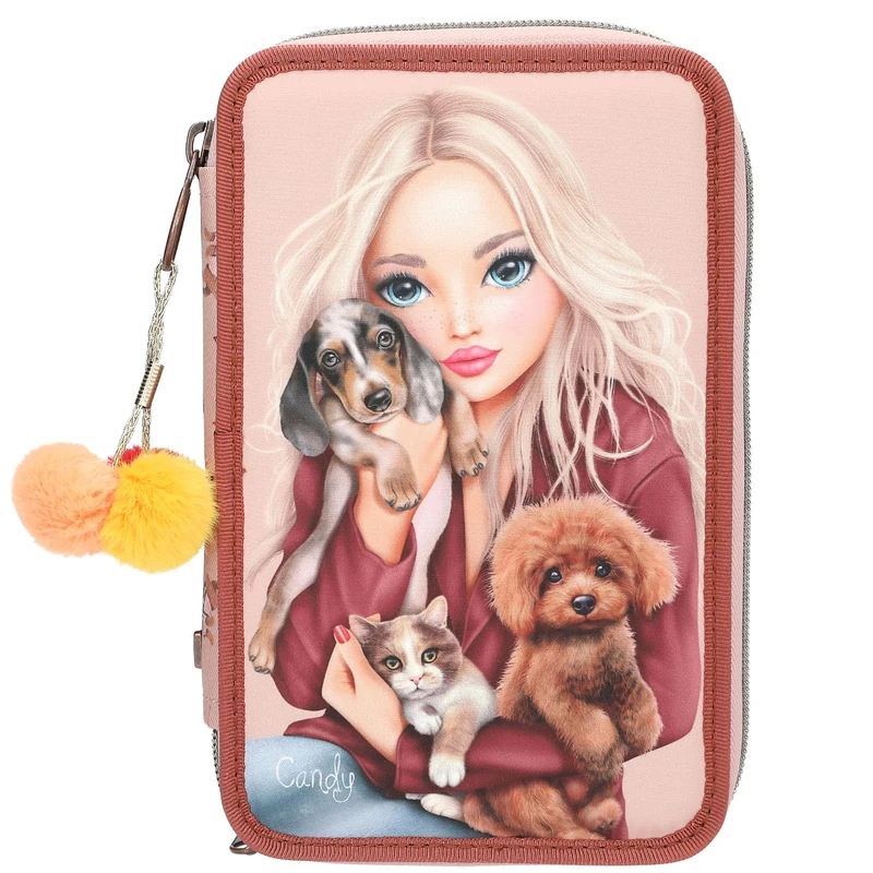 Depesche 13673 TOPModel Fur Ever Friends Filled 3-Compartment Pencil Case in Pink and Copper, with Model Motif, Dog and Cat, Pencil Case with Colouring Pencils, Scissors, Ruler and More