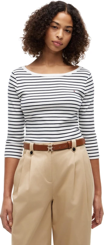 Tommy Hilfiger Women's Cody Boat-Nk 3/4 SLV Tee WW0WW49928 L/S T-Shirt, Blue (Breton Stripe Ecru/Dark Night Navy), 2X