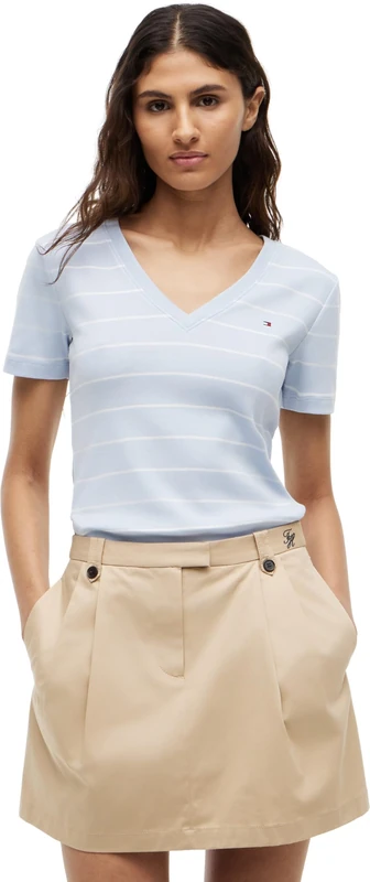 Tommy Hilfiger Women's Slim Cody V-Nk Ss Ww0Ww40584 S/S T-Shirt, White (Fine STP Breezy Blue/Ecru), 3X