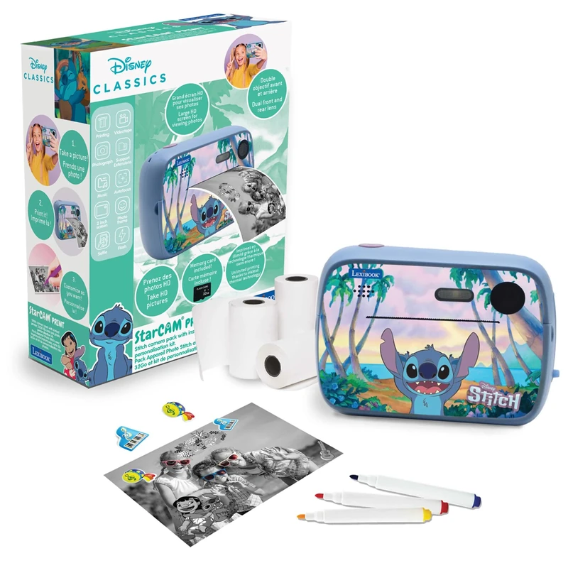 Lexibook, Disney Stitch, StarCAM Print, Camera pack with instant printer, Photo and video function, 32GB SD card and photo personalization kit included, blue, DJ150DLXB