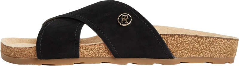 Tommy Hilfiger Women Th Classic Cork Sandal Suede FW0FW09515 Flat Sandals, BLACK, 6