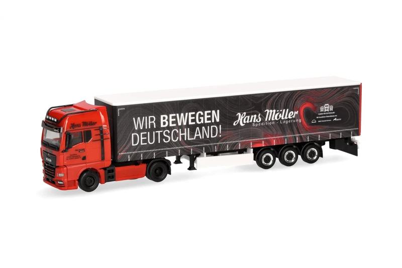 Herpa truck model MAN TGX GX curtain canvas semitrailer "Hans Möller/Wir bewegen Deutschland", on a scale of 1:87, plastic miniature, made in Germany, model building, collectors edition