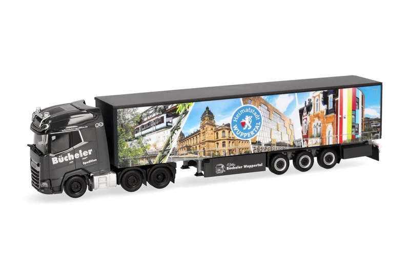 Herpa truck model DAF XG+ (6x2) curtain canvas semitrailer "Bücheler Wuppertal", on a scale of 1:87, plastic miniature, made in Germany, model building, collectors edition