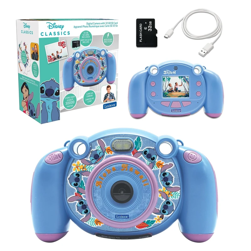Lexibook, Disney Stitch, 4-in-1 Kids digital camera with photo, video, audio and game functions, 32GB SD card included, blue, DJ080DLXB