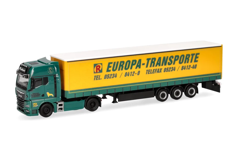 Herpa truck model MAN TGX GX curtain canvas semitrailer "Rubart Europa-Transporte", on a scale of 1:87, plastic miniature, made in Germany, model building, collectors edition